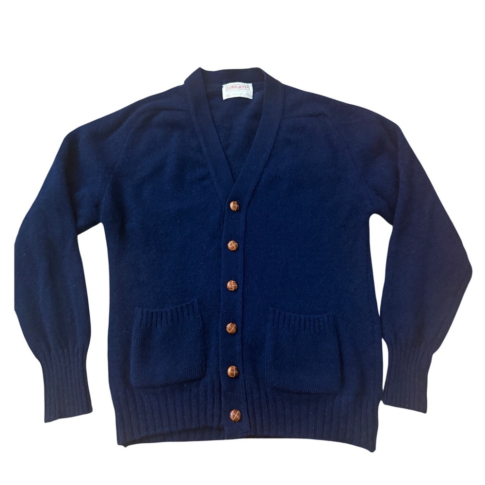 Vintage Lord Jeff Navy Blue Wool Cardigan Sweater Men Medium Made in USA V-Neck